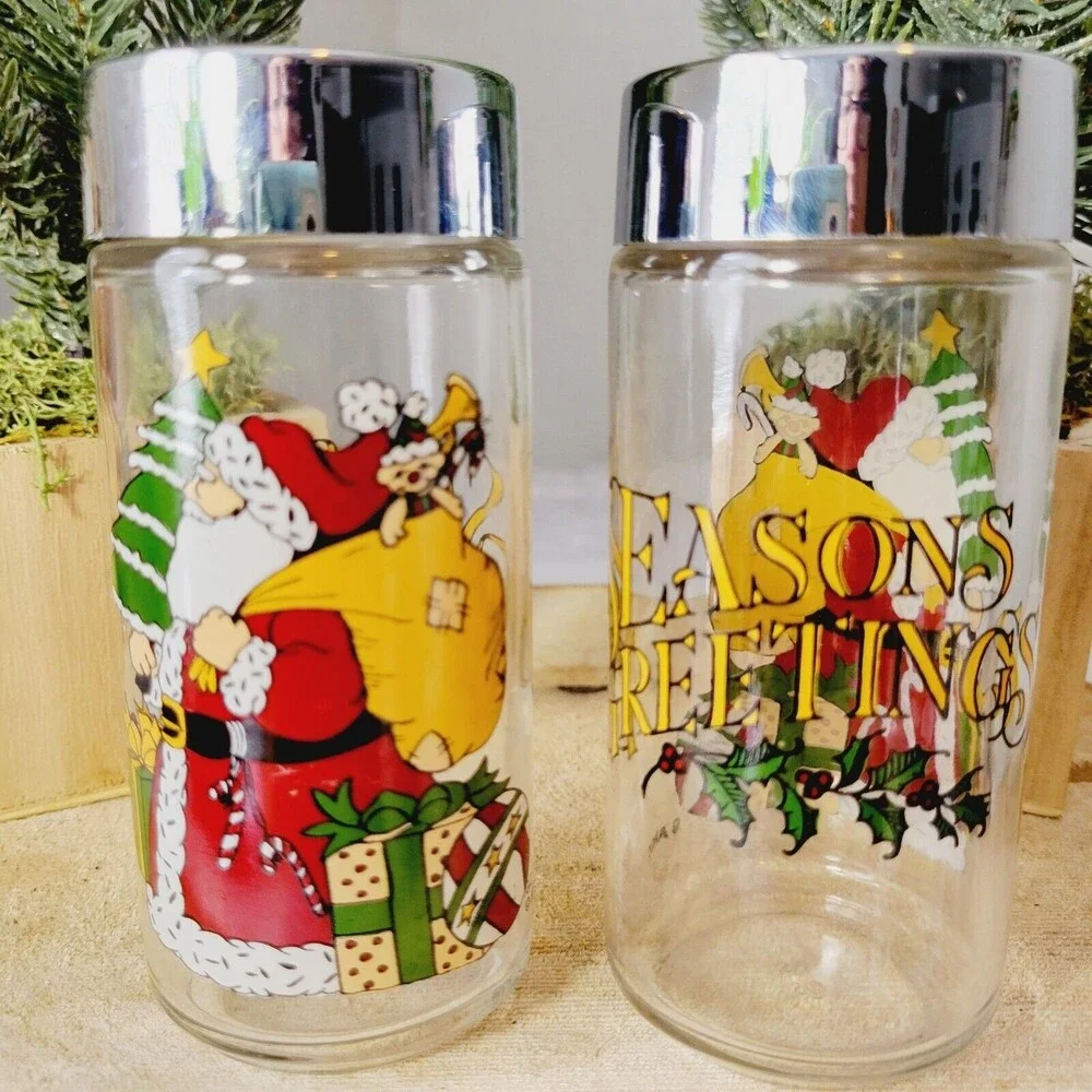 Anchor Hocking Salt & Pepper Shakers Seasons Greetings Victorian Santa Christmas